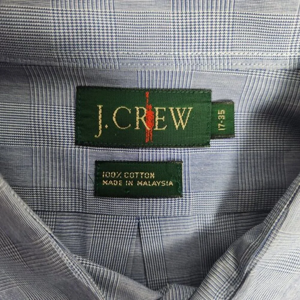J Crew VTG 80s Dress Shirt Men 17-35‎ Blue Houndstooth Check Long Sleeve Button